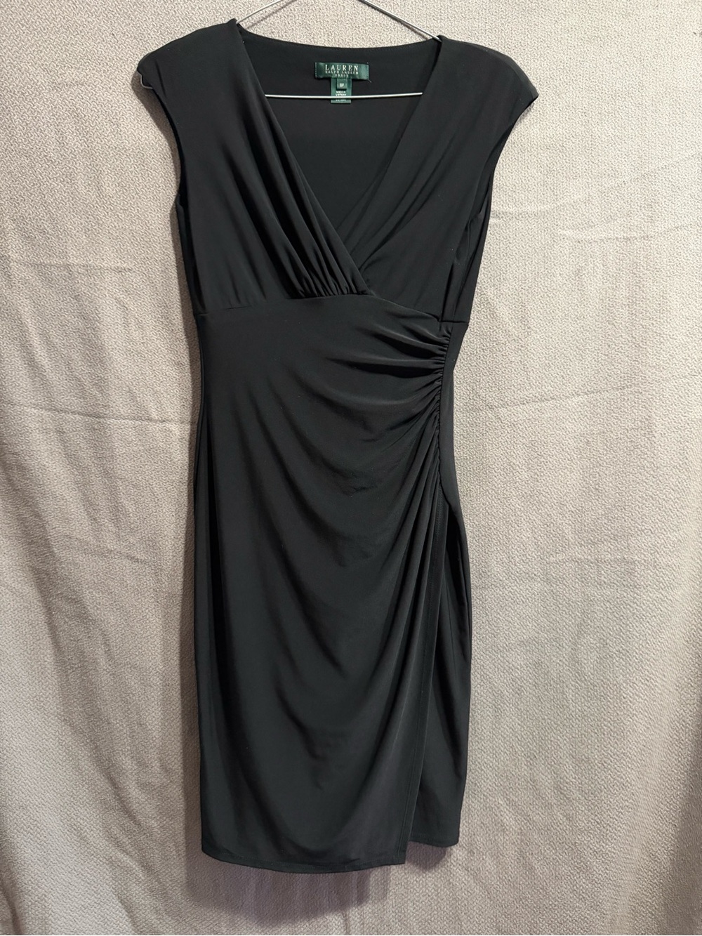 Lauren Ralph Lauren Black Faux-Wrap Cap Sleeve Midi Dress